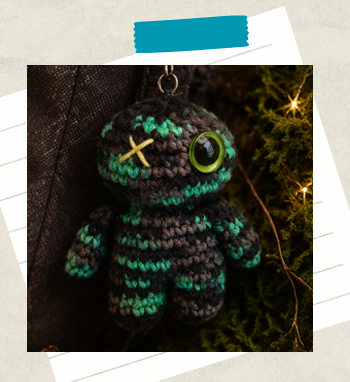 Handmade crochet doll keychain hanging from a backpack zipper as a cute crochet accessory.