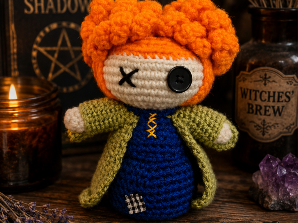 Red-haired witch crochet doll standing on wooden display.