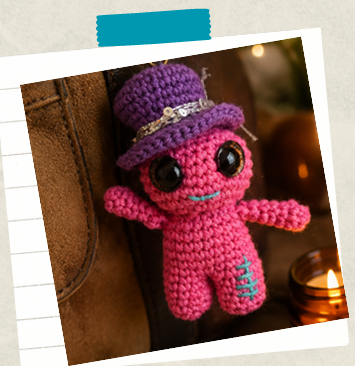 Colorful crochet keychain doll made from an easy beginner-friendly crochet pattern.