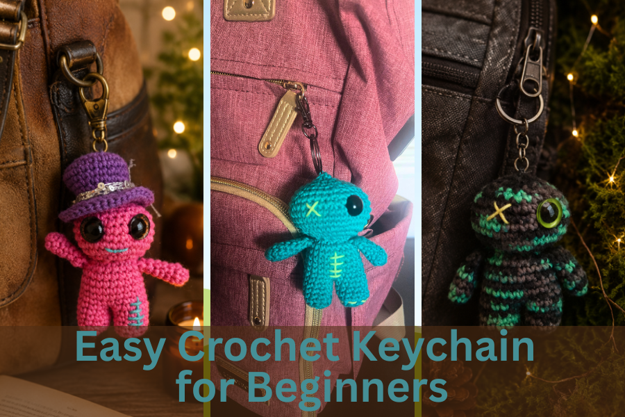 Easy crochet keychain for beginners featuring a mini poppet amigurumi doll with button eye and stitched details.