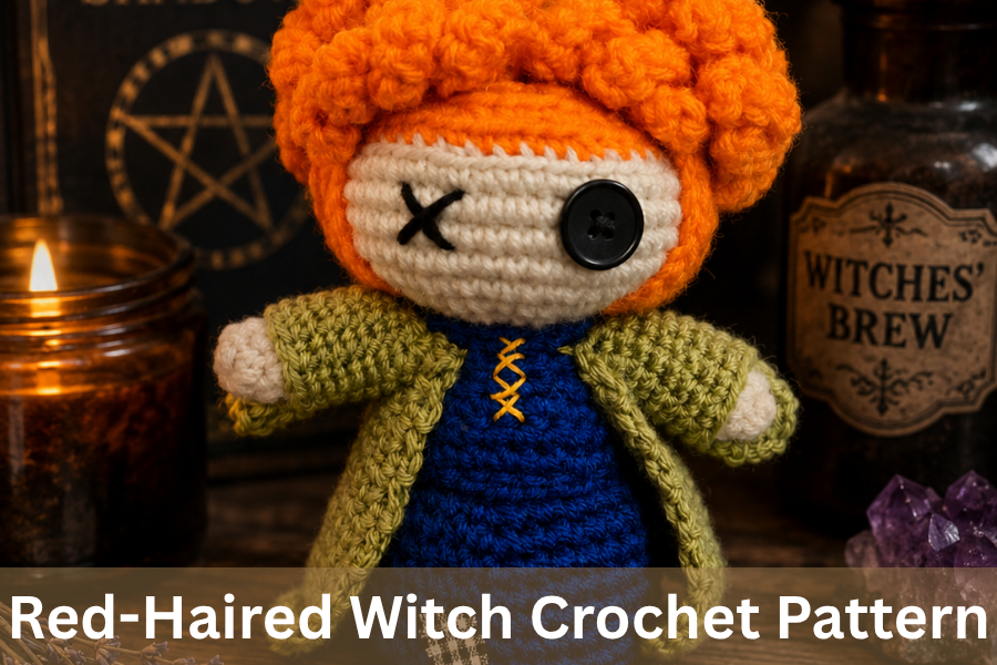 Red-haired witch crochet doll standing on wooden display.