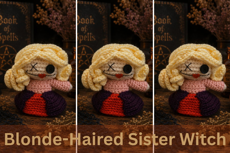 Finished blonde-haired witch crochet doll with a black and purple dress, handmade amigurumi character inspired by a classic Hocus Pocus witch sister