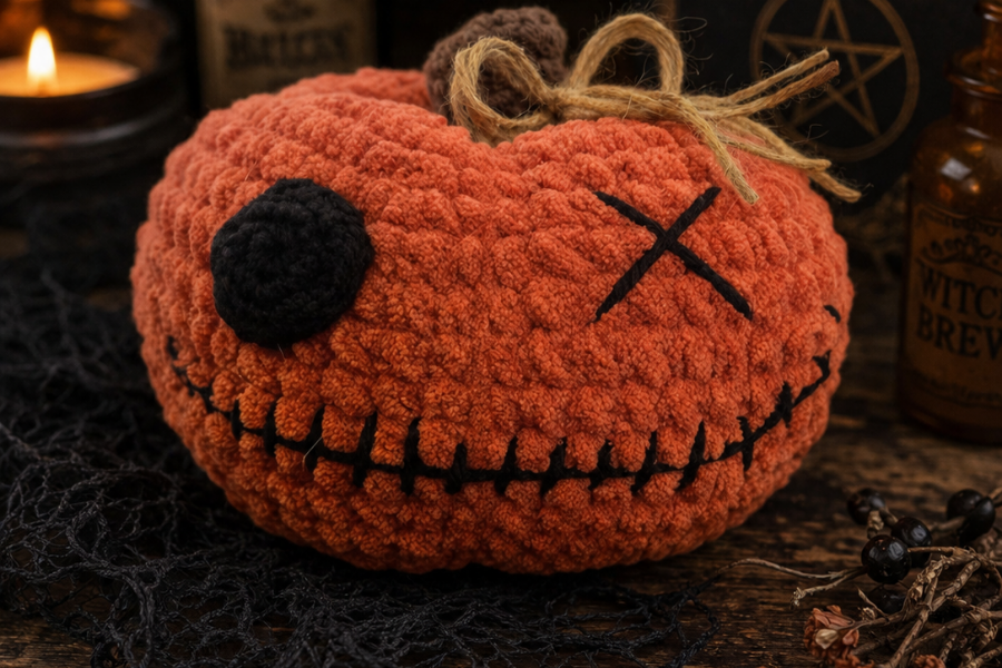 Handmade crochet pumpkin decor surrounded by candles and autumn foliage