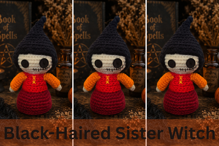 Black-haired sister witch crochet doll inspired by a classic Halloween witch movie.