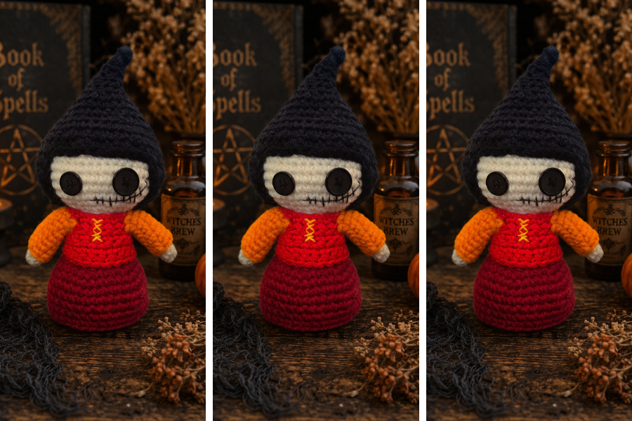 Handmade crochet witch doll with stitched smile and amigurumi body.
