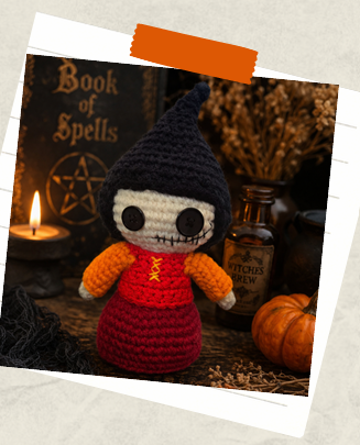 Finished black-haired witch crochet pattern with button eyes and pointed hair.