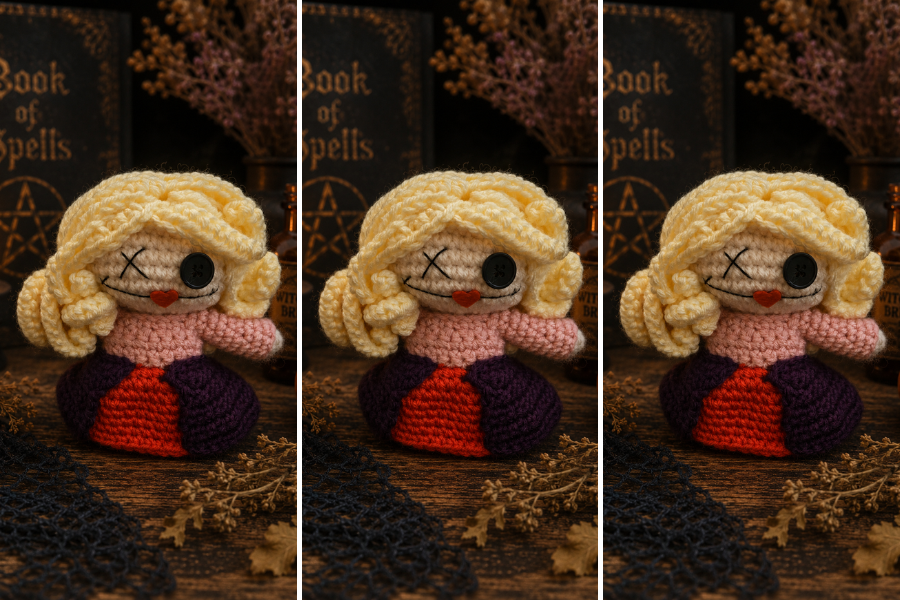 Close-up of a crochet witch doll face featuring embroidered details and long blonde yarn hair inspired by a Hocus Pocus style character