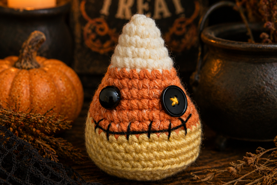 complete crocheted candy corn with stitched smile and a button eye
