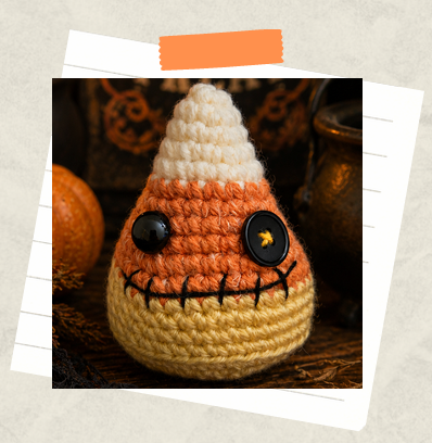 Finished crocheted candy corn with a button eye and stitched smile