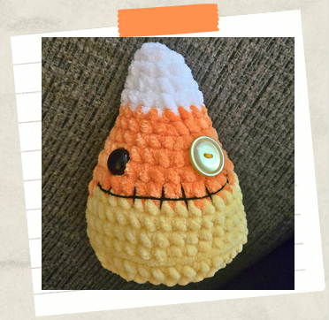 finished plushy crochet candy corn