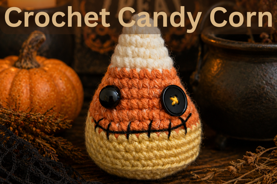 Finished crocheted candy corn with a button eye detail and a crooked stitched mouth