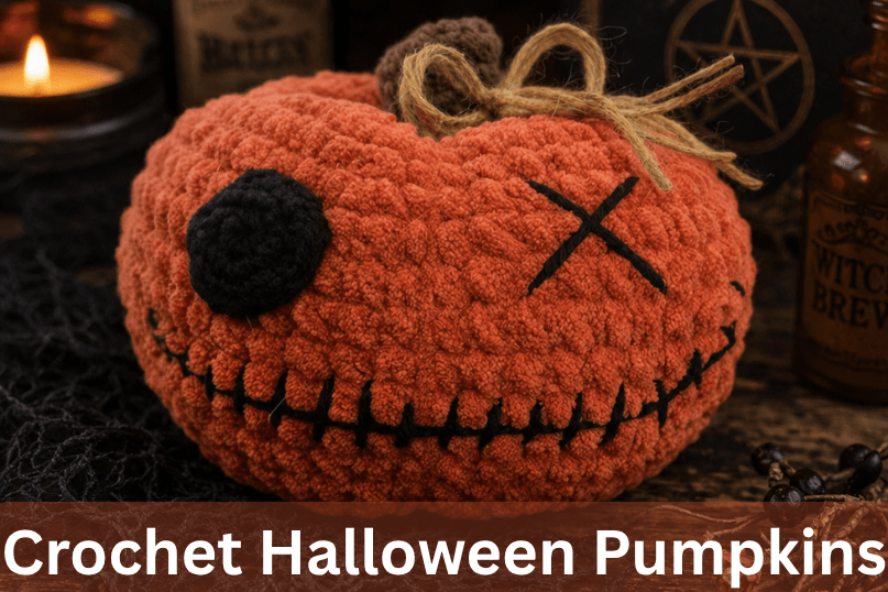 completed crochet halloween pumpkin with a button eye, stitched mouth, and a decorative background