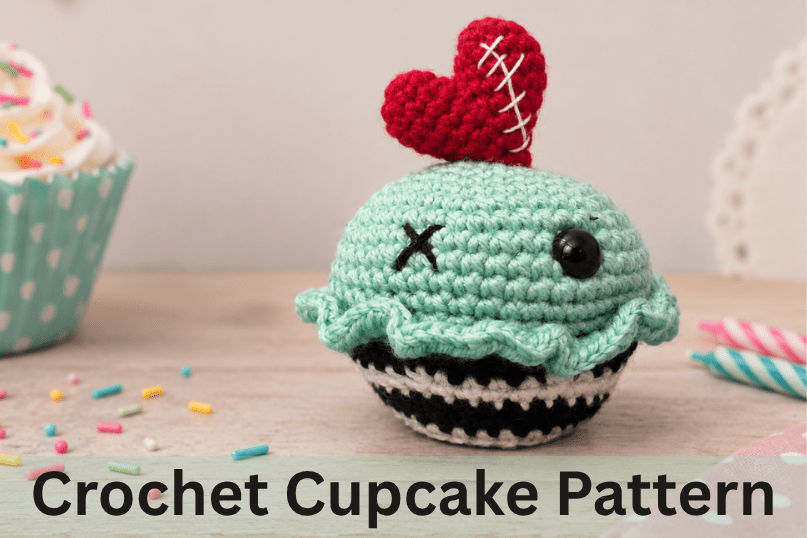A completed whimsical crochet cupcake in front of a festive birthday background