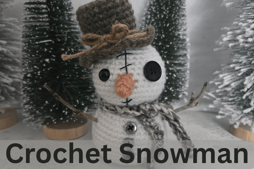 a festive crochet snowman with whimsical stitches and button eyes
