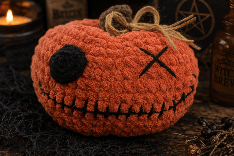 completed voodoo style crochet halloween pumpkin in front of a festive Halloween background