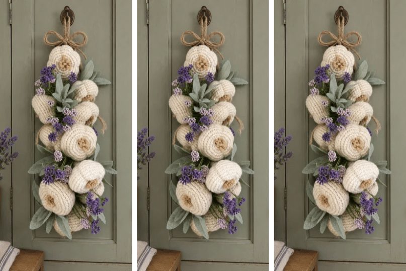 A completed crochet garlic braid with flowers and a jute twine bow.