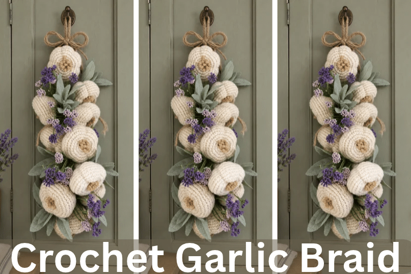 a finished crochet garlic braid with flowers and a jute twine bow